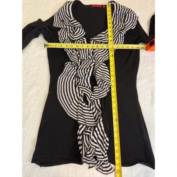 RED Black Open Front Cardigan Striped Ruffle Trim Long Sleeve Large - Picture 1 of 5